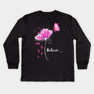 Womens Believe Flower-Butterfly Breast Cancer Kids Long Sleeve T-Shirt